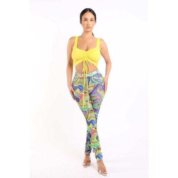 Boutique Pants - Women's Sexy Ruched Front Top & Matching Printed Fishnet Leggings 2 Pieces Set